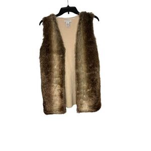 Liz Claiborne Faux Fur Sleevless Sweater Vest Brown Cream Beige Size Medium